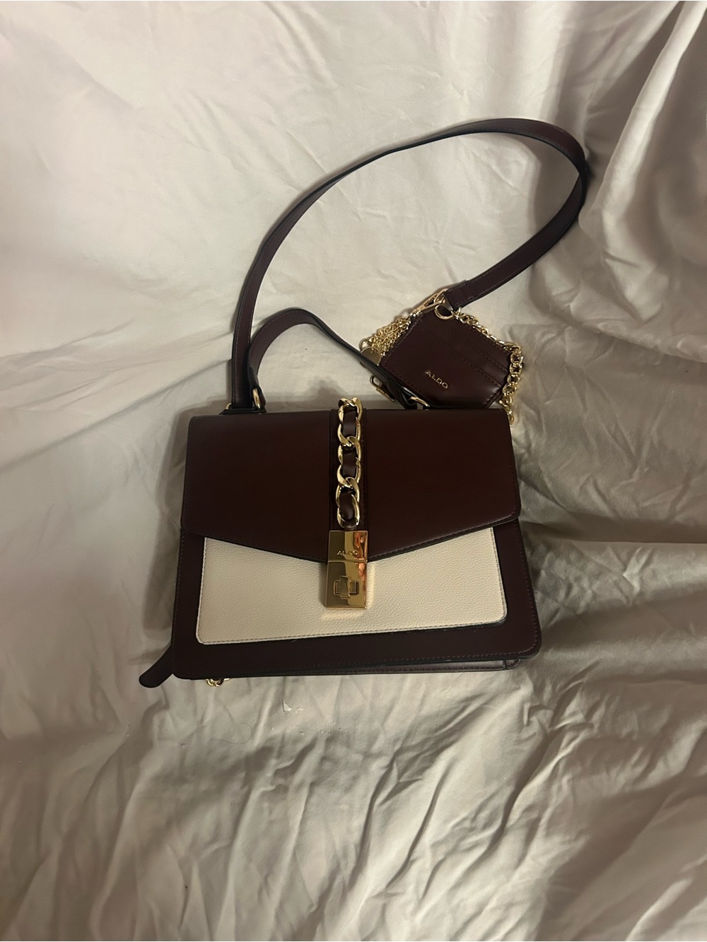 ALDO Burgundy and Cream Chain-Accent Satchel